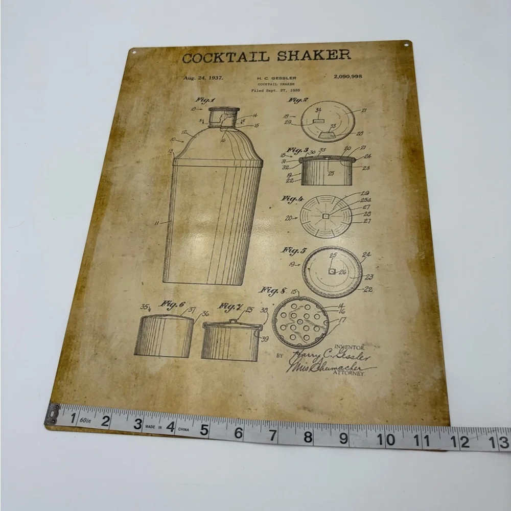 Vintage-Style Cocktail Shaker Patent Metal Sign